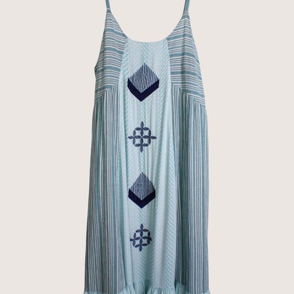 Embroidered Tiered Cover-up Maxi Dress Boho Sundress Seafoam Green & Blue Large - Picture 6 of 12
